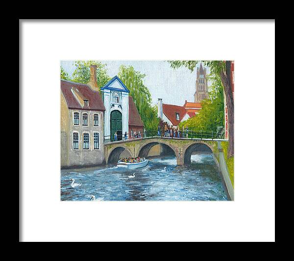 Landscape Framed Print featuring the painting Canal in Bruges Belgium by Dai Wynn