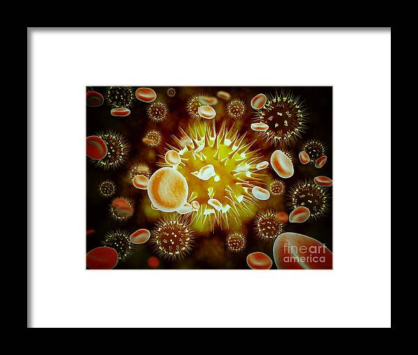 Color Image Framed Print featuring the digital art Cancer Cell With Red Blood Cell Flow by Stocktrek Images