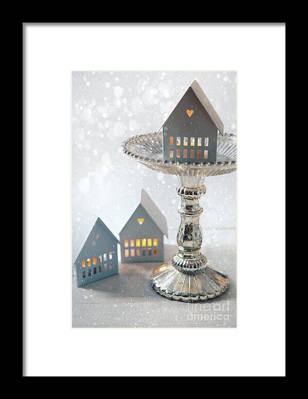 Bright Framed Print featuring the photograph Candle houses with cake stand for the holidays by Sandra Cunningham