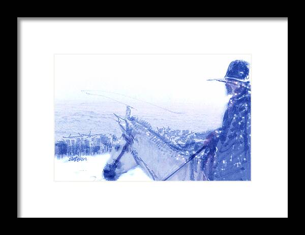 Capt. Call In A Snowstorm Framed Print featuring the drawing Capt. Call in a Snow Storm by Seth Weaver