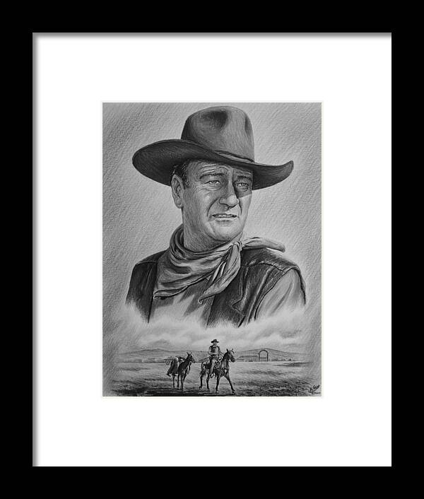 John Wayne Framed Print featuring the drawing Captured bw version by Andrew Read