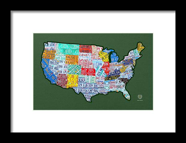 Car Tag Number Plate Art Usa On Green License Plate Map Framed Print featuring the mixed media Car Tag Number Plate Art USA on Green by Design Turnpike
