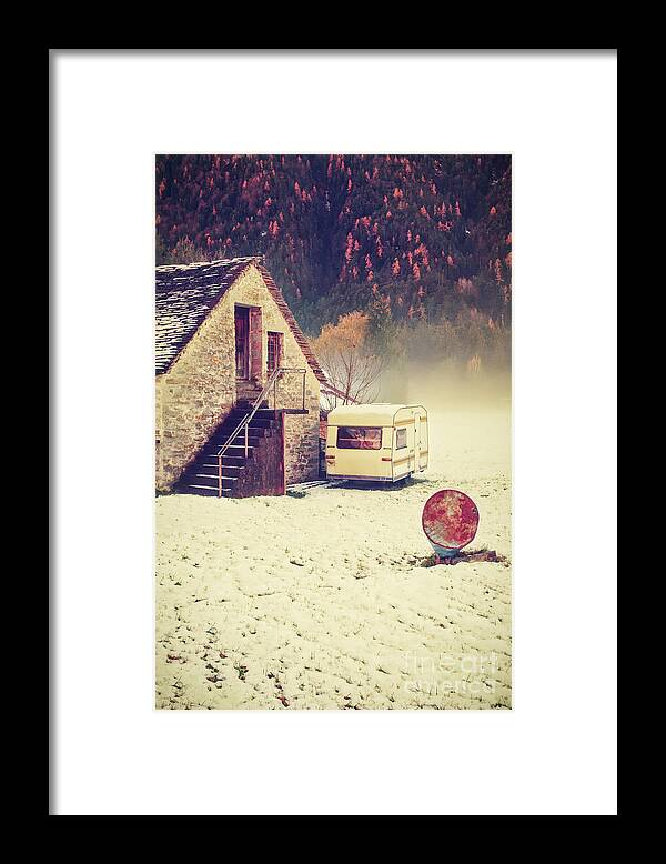 Bin Framed Print featuring the photograph Caravan in the snow with house and wood by Silvia Ganora