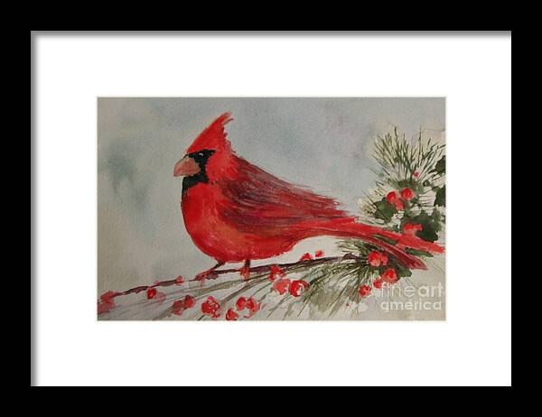 Cardinal Bird Framed Print featuring the painting Cardinal and Berries by B Rossitto