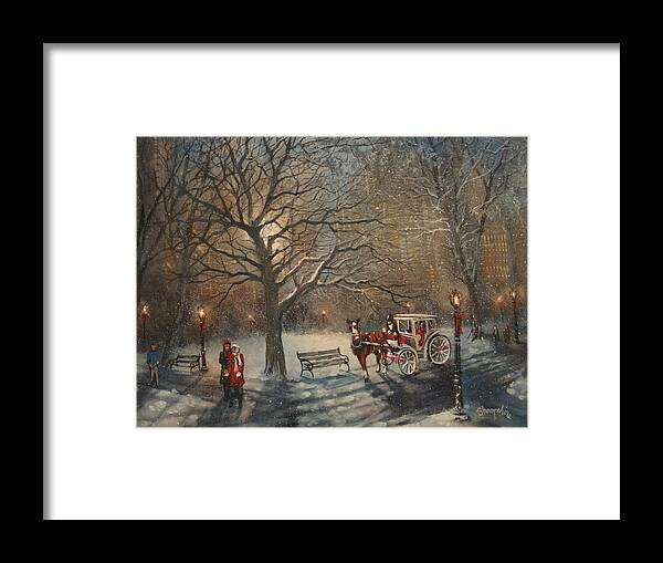 New York City Framed Print featuring the painting Carriage Ride in Central Park by Tom Shropshire