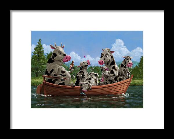 Cow Framed Print featuring the painting Cartoon Cow Family on Boating Holiday by Martin Davey