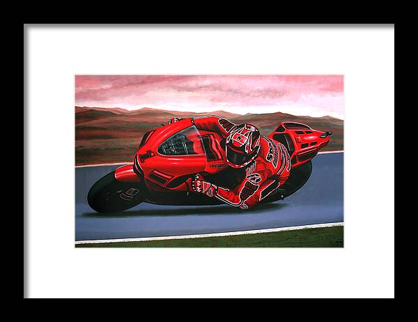 Casey Stoner On Ducati Framed Print featuring the painting Casey Stoner on Ducati by Paul Meijering
