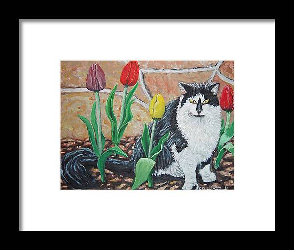 Cat Flowers Framed Print featuring the painting Cat by the tulips by Carey MacDonald