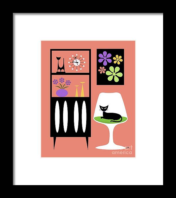 Mid Century Modern Framed Print featuring the digital art Cat in Pink Room by Donna Mibus