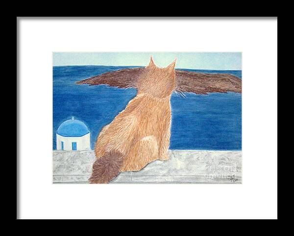 Cat Framed Print featuring the painting Cat in Santorini by Cybele Chaves