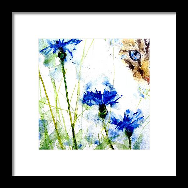 Tabby Framed Print featuring the painting Cat in the cornflowers by Paul Lovering