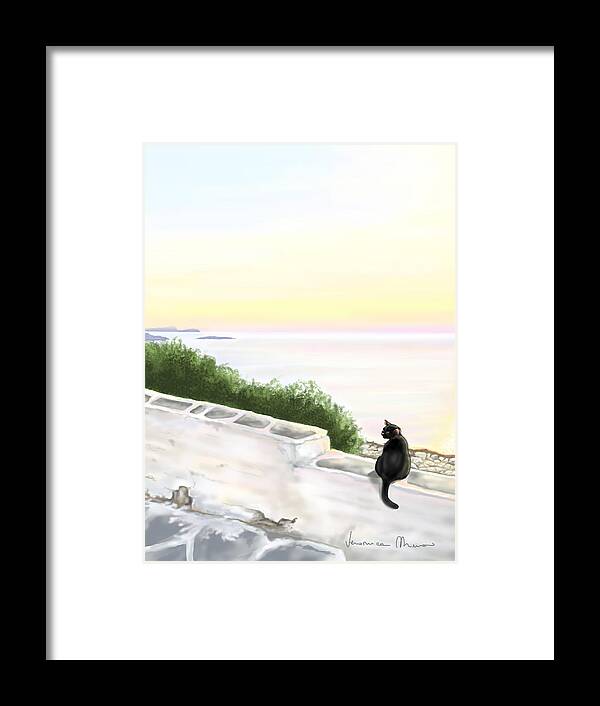 Sunset Framed Print featuring the painting Cat on the port by Veronica Minozzi