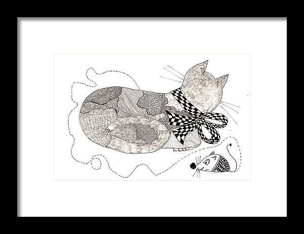 Cat Framed Print featuring the drawing Cat with Bow and Checkers by Lou Belcher