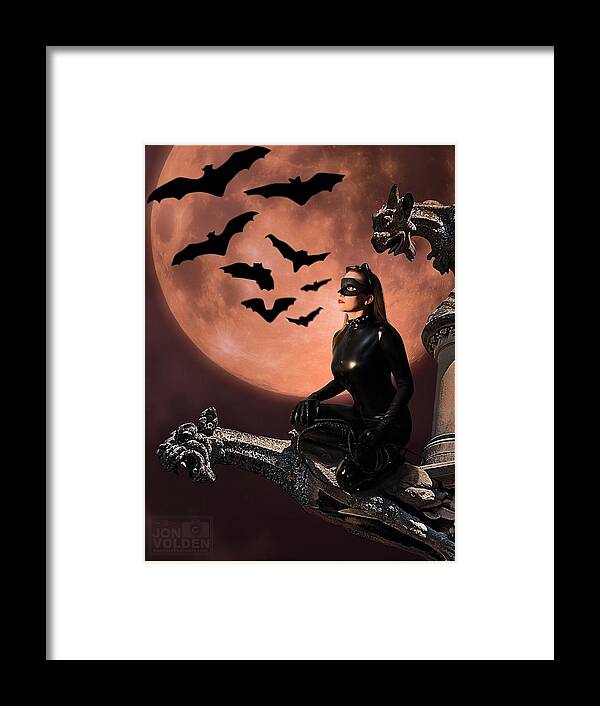 Cat Woman Framed Print featuring the painting Cat vs Bat by Jon Volden