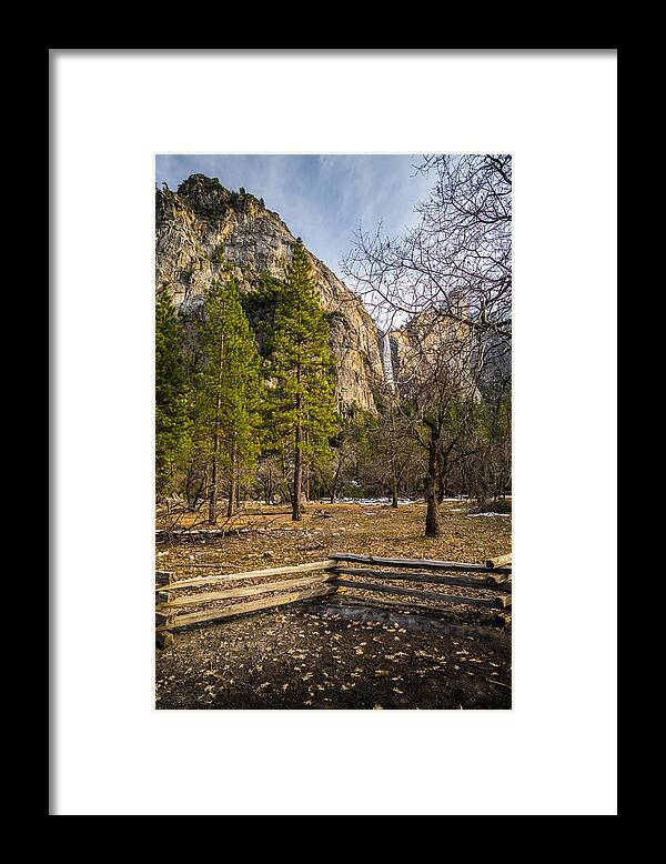 Yosemite Framed Print featuring the photograph Cathedral Rock and Bridalveil Falls by Mike Lee