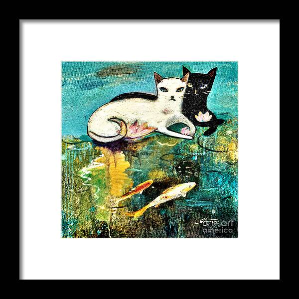 Black Cat Framed Print featuring the painting Cats with koi by Shijun Munns