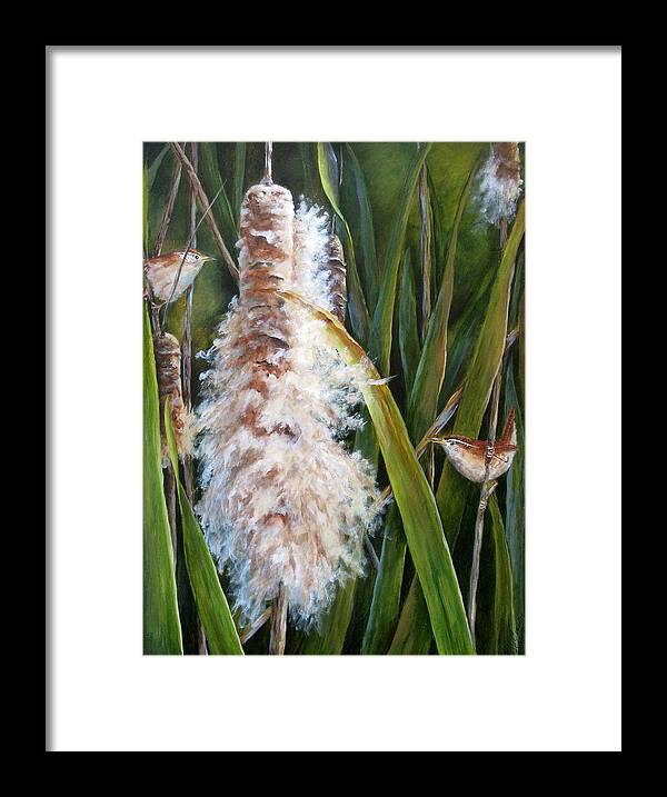 Wrens Framed Print featuring the painting Cattails and Wrens by Mary McCullah