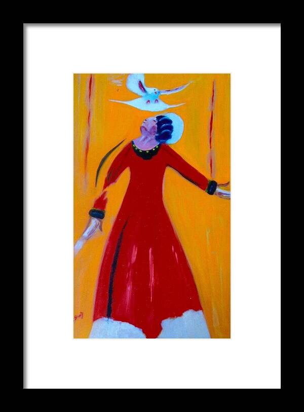 Woman In Red Dress In Dance Posture With White Dove Above Head. Framed Print featuring the painting Caught Up by Robert Bray