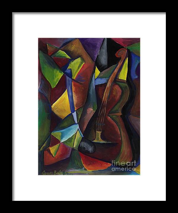 Cubist Still Life Of Guitar And Plant Framed Print featuring the painting Cello and Plant by Jamey Balester