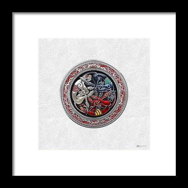 ‘celtic Treasures’ Collection By Serge Averbukh Framed Print featuring the digital art Celtic Treasures - Three Dogs on Silver and White Leather by Serge Averbukh