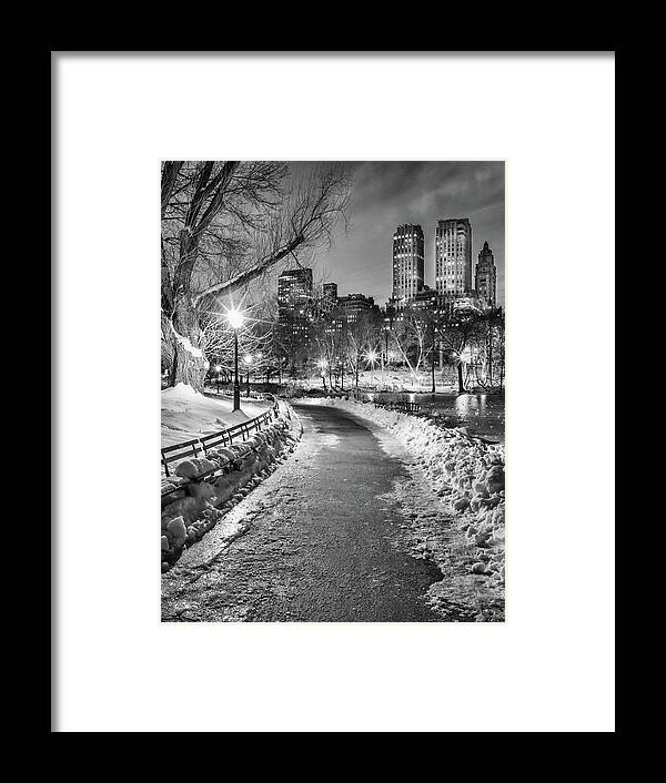 Snow Framed Print featuring the photograph Central Park Path Night Black & White by Michael Lee