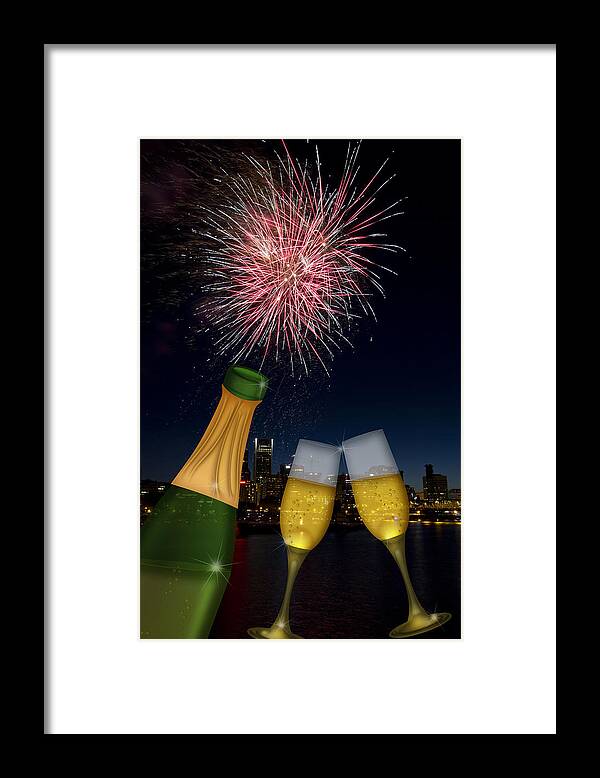 Champagne Framed Print featuring the photograph Champagne Toast with Portland Oregon Skyline by Jit Lim