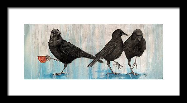 Crows Framed Print featuring the painting Crow Takes Tea by Marie Stone-van Vuuren