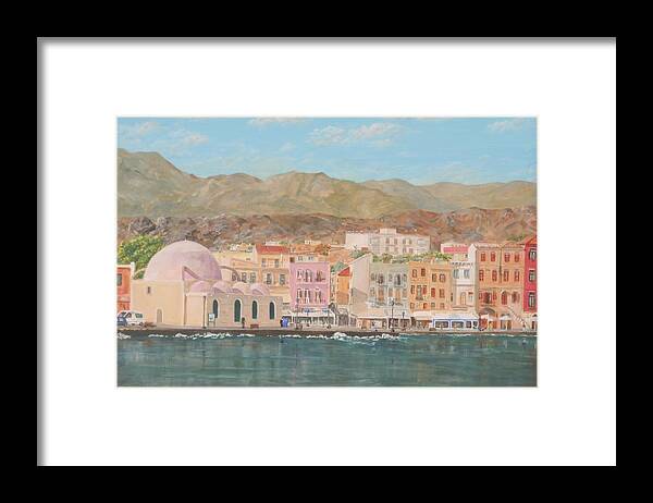 Chania Framed Print featuring the painting Chania harbour early summer morning by David Capon