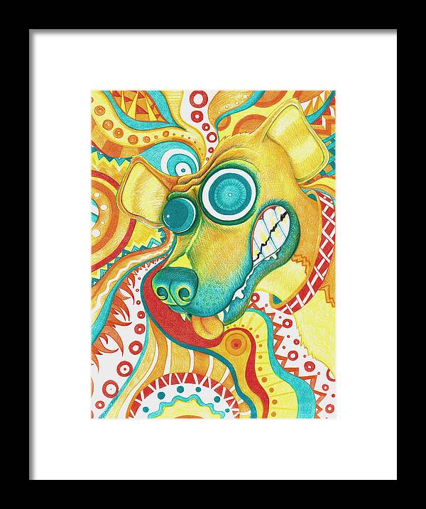 Colored Pencil Framed Print featuring the drawing Chaotic Canine by Shawna Rowe