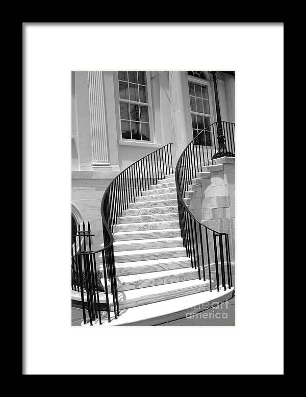 Charleston Staircase Framed Print featuring the photograph Charleston South Carolina Black White Staircase Architecture by Kathy Fornal