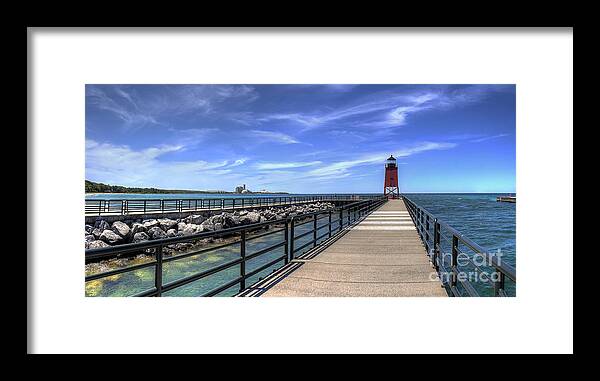 Charlevoix Framed Print featuring the photograph Charlevoix Pier and Lighthouse by Twenty Two North Photography