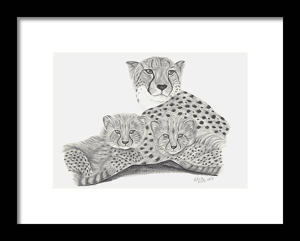 Cheetah Framed Print featuring the drawing Cheetah and her Cubs by Patricia Hiltz