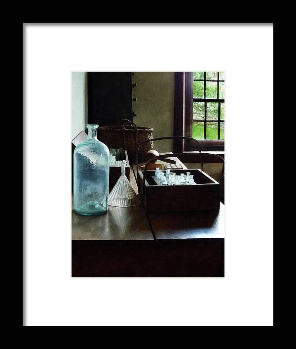 Glassware Framed Print featuring the photograph Chemist - Bottles of Chemicals in a Wooden Box by Susan Savad