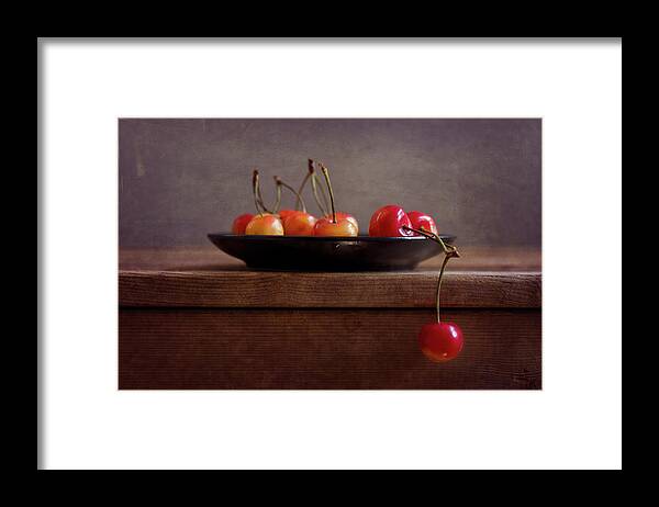 Cherry Framed Print featuring the photograph Cherries On Black Plate by Copyright Anna Nemoy(xaomena)