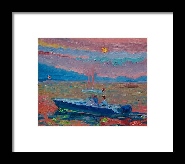 Chesapeake Bay Twilight With Moon Boat Couple On Boat Colors Blue And Purple And Yellow Framed Print featuring the painting Chesapeake Bay Twilight with Moon xx by Thomas Bertram POOLE