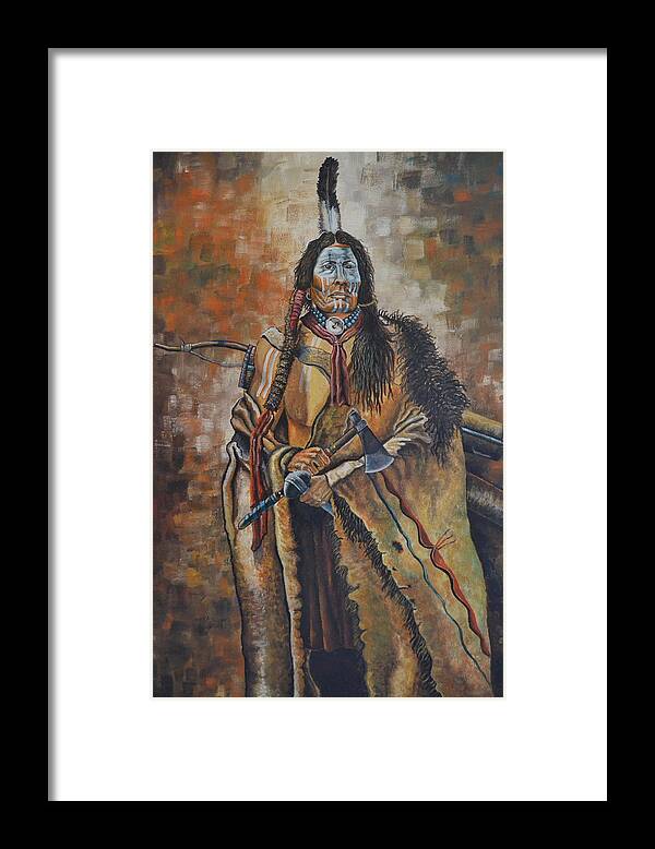 A Cheyenne Warrior With Axe And Battle Weapon's Wearing A Deer Skin. The Warrior Has His War Paint On His Face And Arms. Framed Print featuring the painting Cheyenne Warrior by Martin Schmidt