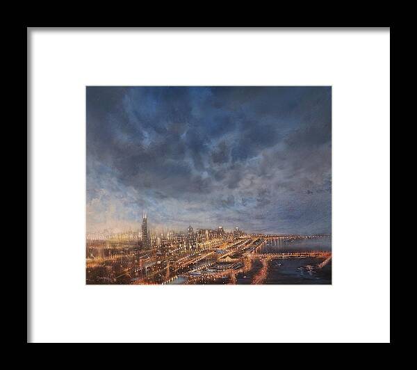 Chicago Framed Print featuring the painting Chicago From Above by Tom Shropshire