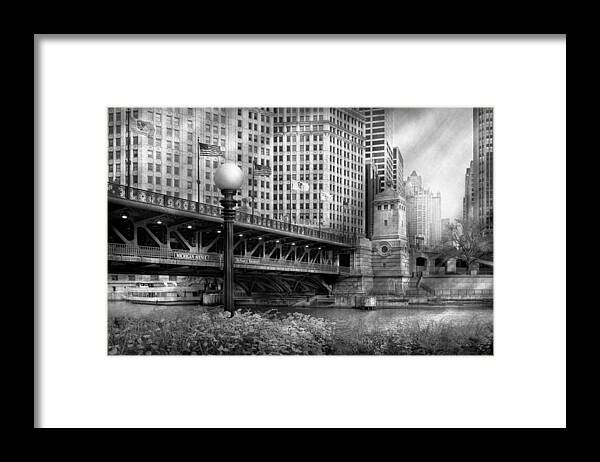 Chicago Framed Print featuring the photograph Chicago IL - DuSable Bridge built in 1920 - BW by Mike Savad