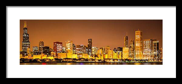 America Framed Print featuring the photograph Chicago Skyine at Night Panoramic Photo by Paul Velgos