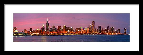 Chicago Skyline Dusk Framed Print featuring the photograph Chicago Skyline at DUSK 2008 Panorama by Jon Holiday