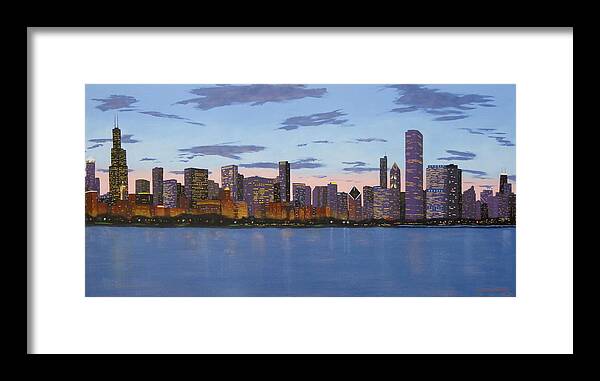 Chicago Paintings Framed Print featuring the painting Chicago Skyline -- Evening Approaches by J Loren Reedy