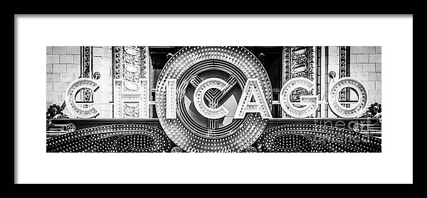 America Framed Print featuring the photograph Chicago Theatre Sign Panorama Photo in Black and White by Paul Velgos