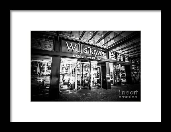 America Framed Print featuring the photograph Chicago Willis-Sears Tower Sign in Black and White by Paul Velgos