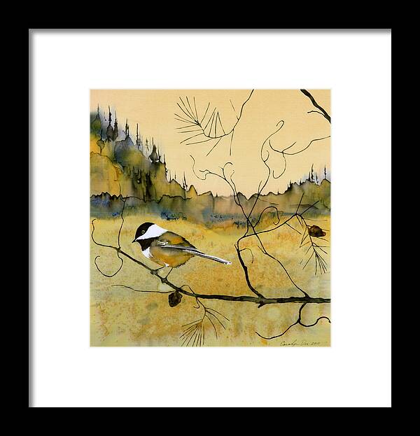 Chickadee Framed Print featuring the tapestry - textile Chickadee In Dancing Pine by Carolyn Doe