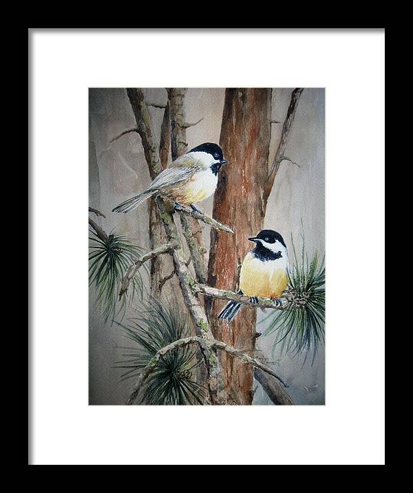 Watercolor Framed Print featuring the painting Chickadee Pair by Marilyn Clement