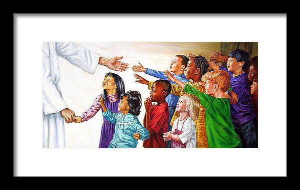 Jesus Framed Print featuring the painting Children Coming to Jesus by John Lautermilch