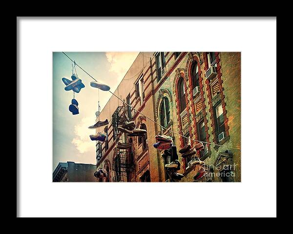 Shoes Framed Print featuring the photograph Chinatown NYC Shoe Flinging by Beth Ferris Sale