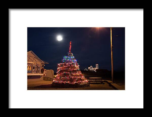 Lighthouse Photos Framed Print featuring the photograph Christmas at Maines Nubble Lighthouse by Jeff Folger