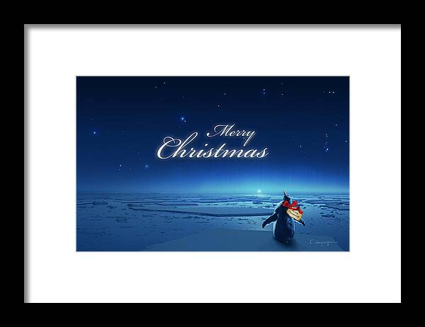 Happy Christmas Framed Print featuring the digital art Christmas Card - Penguin blue by FireFlux Studios