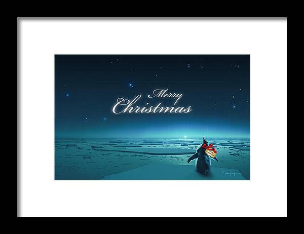 Happy Christmas Framed Print featuring the digital art Christmas Card - Penguin turquoise by FireFlux Studios